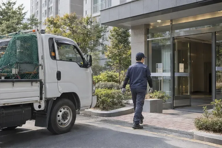 아파트 입구에 폐가전 수거 차량과 작업자가 도착한 모습