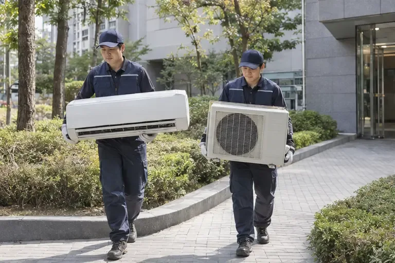 두 명의 작업자가 에어컨 실내기와 실외기를 안전하게 운반하는 모습
