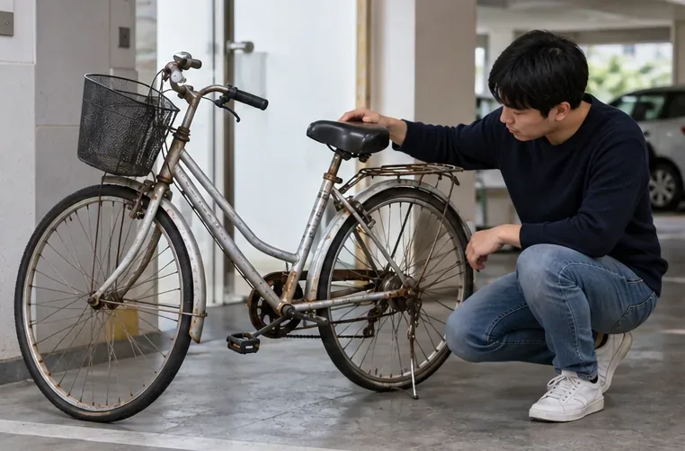 오래된 생활 자전거의 상태와 크기를 확인하는 모습