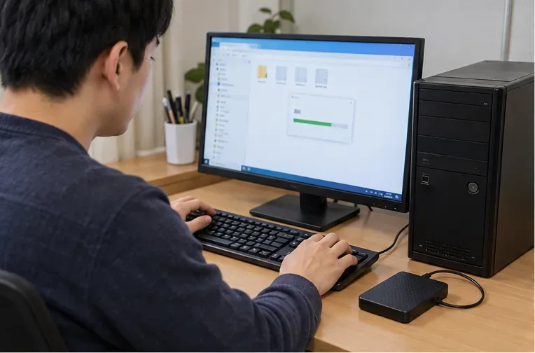 인천에서 폐컴퓨터를 버리기 전 데스크톱에서 중요한 파일을 외장 저장장치로 백업하는 모습