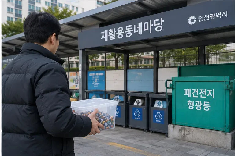 재활용 거점의 폐건전지 수거함 앞에서 투명 보관함에 모은 폐건전지를 들고 있는 사람