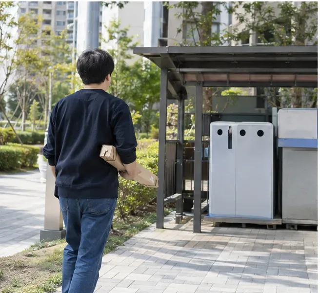 긴 형광등을 보호 상자에 넣어 아파트 분리수거장으로 가져가는 사람의 뒷모습