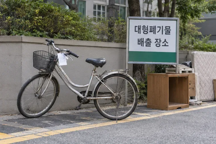 대형폐기물 배출 장소 표지 옆에 배출표가 달린 오래된 자전거가 세워져 있는 모습