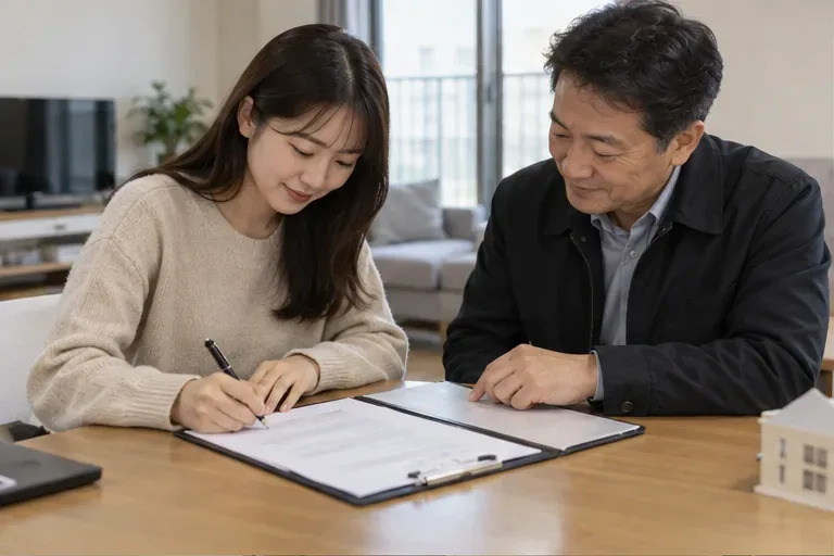 임차인과 임대인이 주택 임대차계약서를 함께 확인하고 서명하는 모습