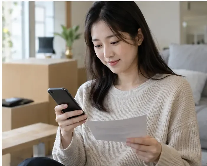 전입신고를 제출한 뒤 휴대전화와 확인 서류를 살펴보는 모습