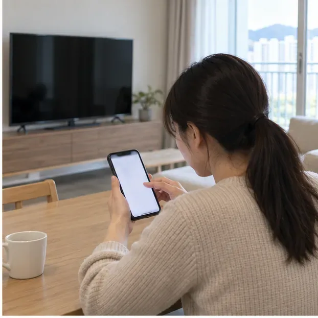 TV가 놓인 거실에서 휴대전화로 폐가전 방문수거를 예약하는 모습