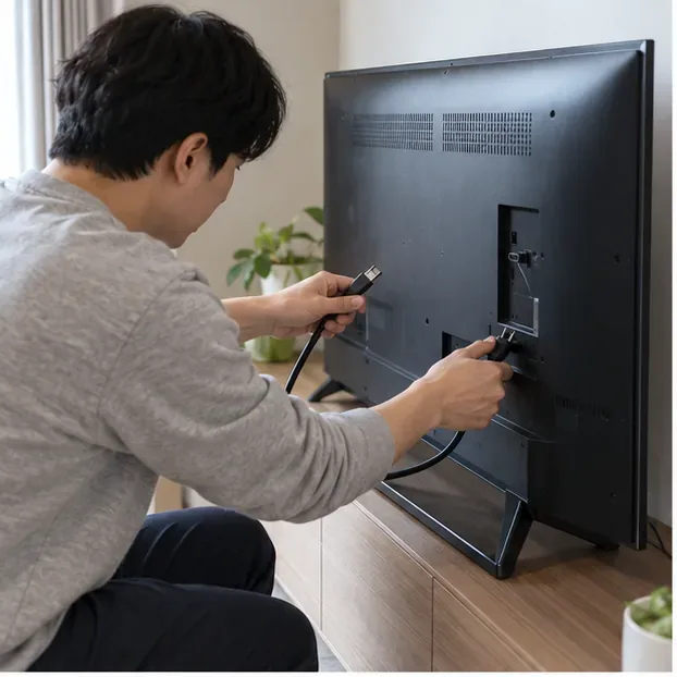 아파트 거실에서 텔레비전 전원 플러그와 연결 케이블을 뽑는 모습