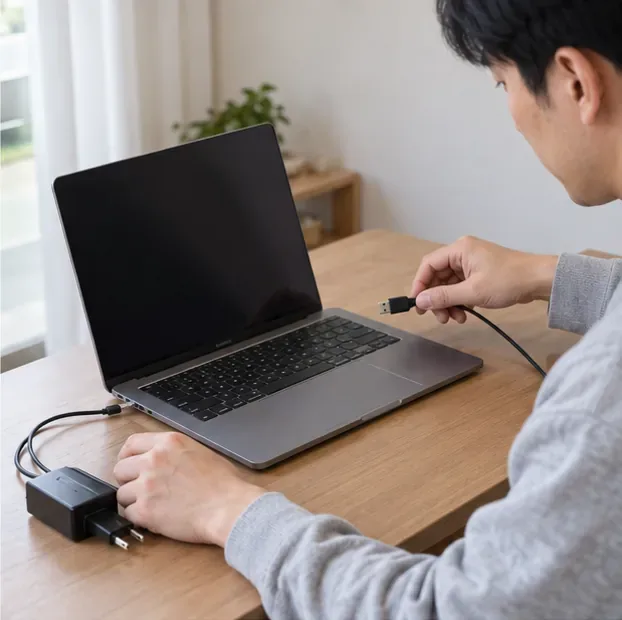 화면이 꺼진 노트북 옆에서 사용자가 충전기와 USB 케이블을 분리하고 있다.