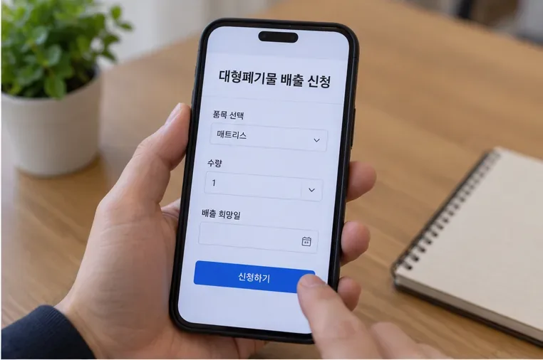 스마트폰 화면에서 대형폐기물 배출 신청 화면을 확인하는 모습