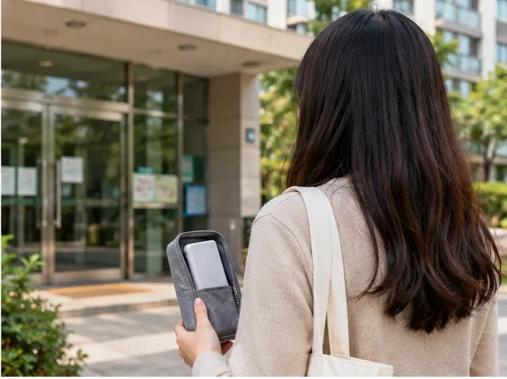 보조배터리를 작은 파우치에 넣고 주민센터나 공동주택 관리시설로 가져가는 사람의 뒷모습