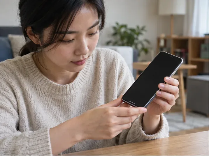 배출 전에 휴대전화 전원과 외관을 점검하는 모습