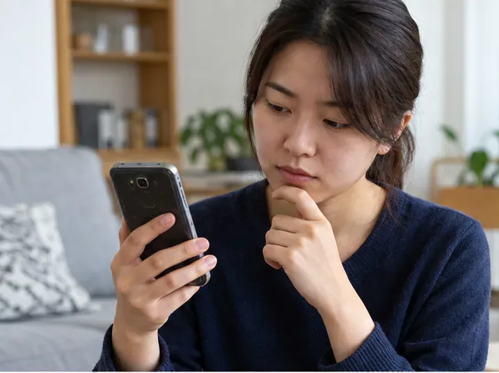 폐기 전에 스마트폰 상태와 데이터 이전 여부를 확인하는 모습