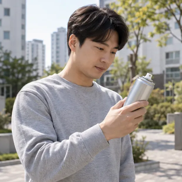 야외에서 스프레이캔의 상태를 확인하는 사람