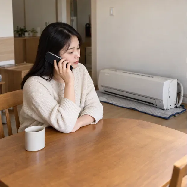 한 사람이 전화로 수거를 문의하고 있으며, 방 안 바닥에는 분리된 에어컨 실내기가 놓여 있다.