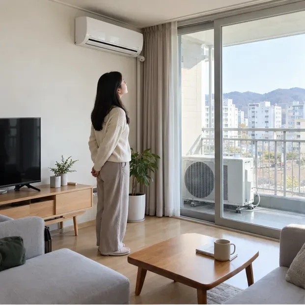 전주 아파트 거실에서 한 사람이 벽걸이형 에어컨을 살펴보고 있으며, 발코니 유리문 너머로 실외기가 보인다.