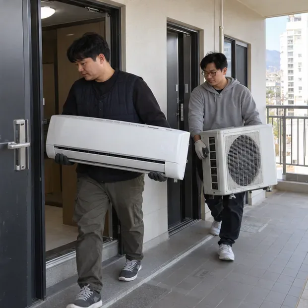 두 작업자가 아파트 현관에서 분리된 에어컨 실내기와 실외기를 각각 안전하게 옮기고 있다.