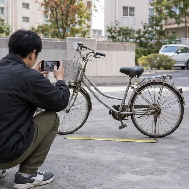 아파트 주변에서 한 사람이 자전거 옆에 줄자를 놓고 전체 크기를 확인하는 모습
