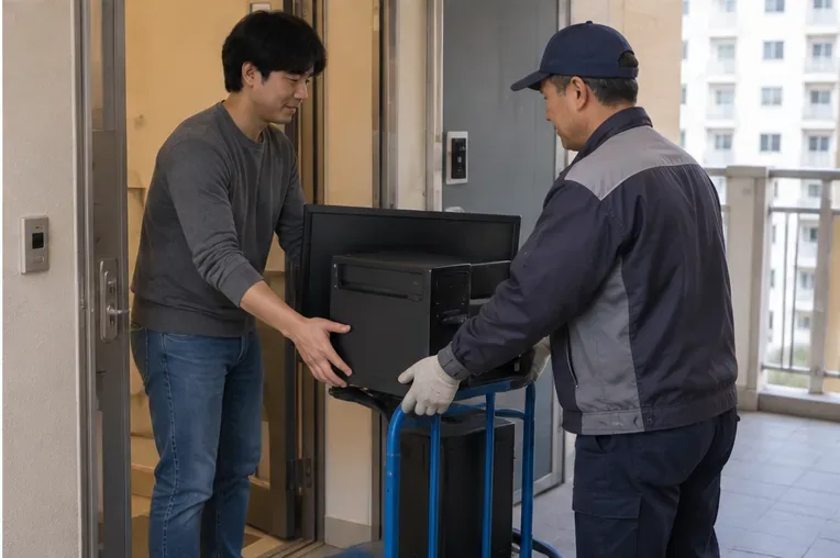 가정 현관에서 데스크톱 본체와 모니터를 수거 인력에게 전달하는 모습
