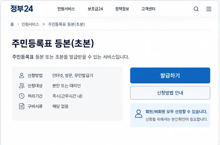 정부24 주민등록표 등본·초본 발급 서비스 안내와 발급하기 버튼이 보이는 화면