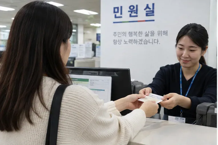 주민센터 민원창구에서 신청자가 직원에게 서류를 건네는 모습