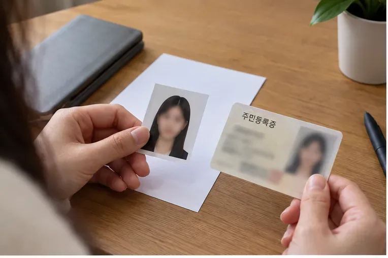 책상 위에서 주민등록증용 사진과 기존 주민등록증을 함께 확인하는 모습