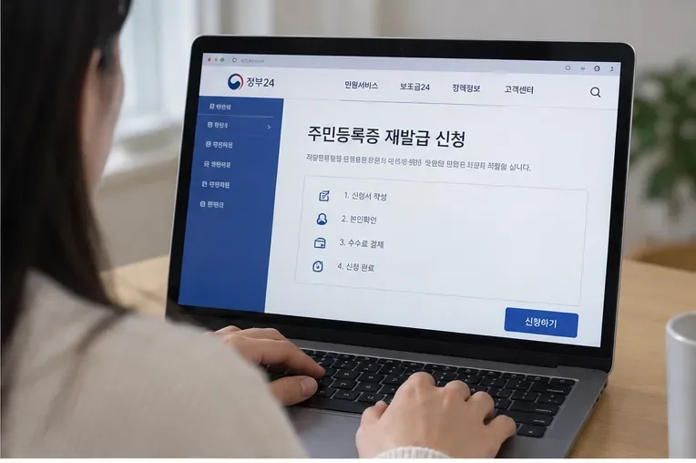 노트북 화면에서 정부24 주민등록증 재발급 신청 페이지를 확인하는 모습