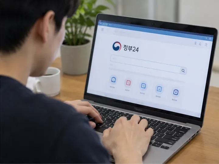 노트북에서 정부24를 열어 주민등록증 분실 관련 민원을 찾는 모습