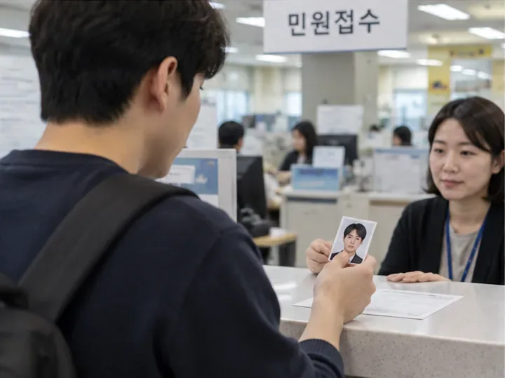 주민센터 민원 창구에서 증명사진을 제출하며 주민등록증 재발급을 신청하는 모습
