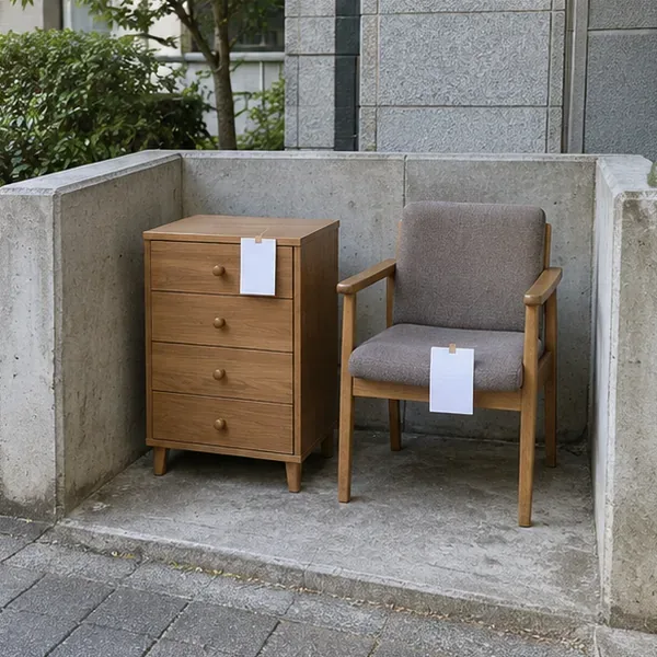종이 표지를 붙인 나무 서랍장과 회색 의자가 보도 옆 콘크리트 공간에 놓인 모습