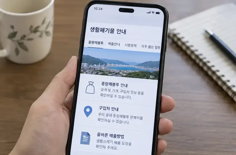스마트폰으로 창원 생활폐기물 안내와 종량제봉투 정보를 확인하는 모습