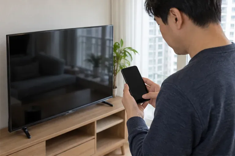 전원을 분리한 TV 옆에서 휴대전화로 폐가전 수거 예약을 확인하는 모습