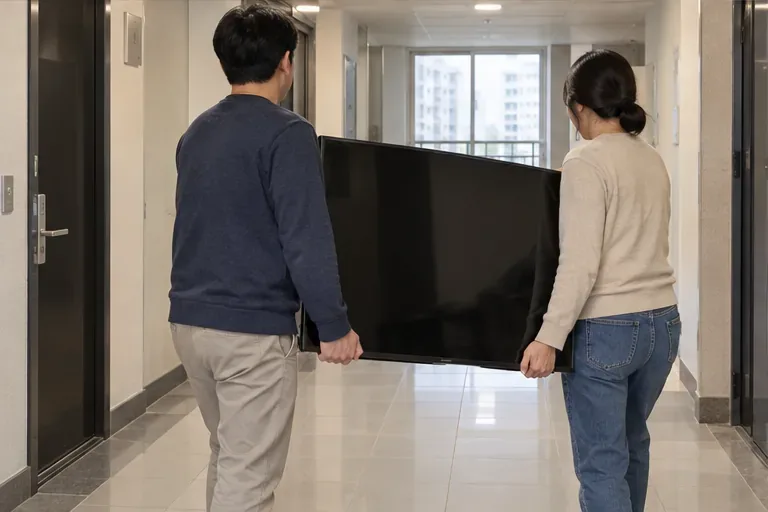 두 사람이 평면 TV를 세운 상태로 함께 옮기는 모습