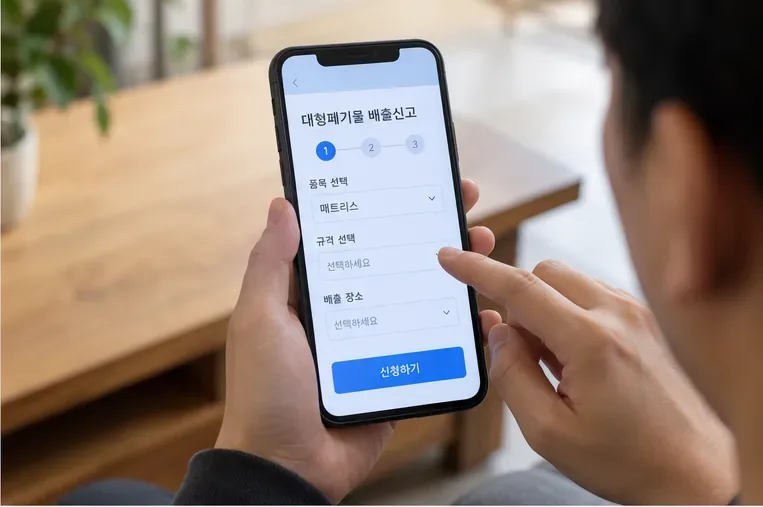 스마트폰에서 대형폐기물 배출신고 화면을 열고 매트리스 품목과 규격을 선택하는 모습