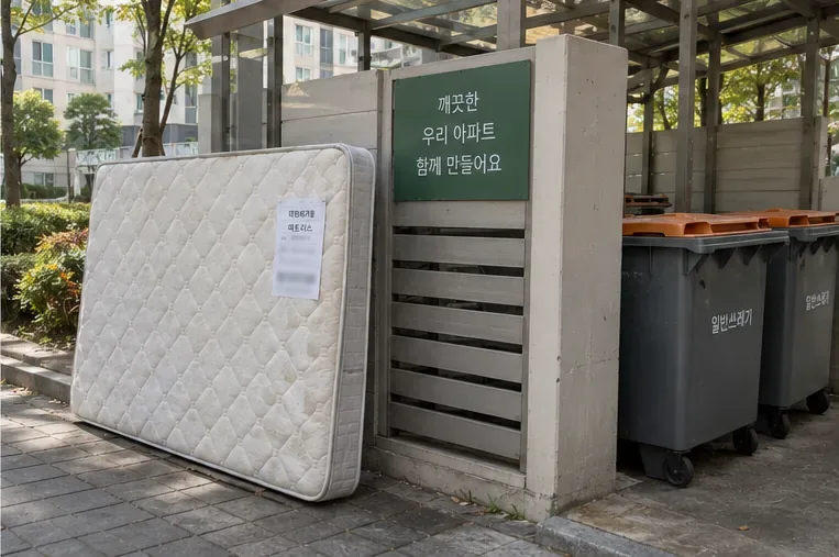 신고표가 부착된 매트리스를 아파트의 지정 폐기물 배출장소 옆에 세워 둔 모습