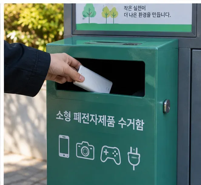 손상되지 않은 보조배터리를 소형 폐전자제품 수거함에 넣는 모습