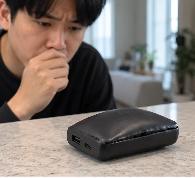 케이스가 위로 크게 부풀어 틈이 벌어진 검은색 보조배터리를 사람이 떨어져 살펴보는 모습