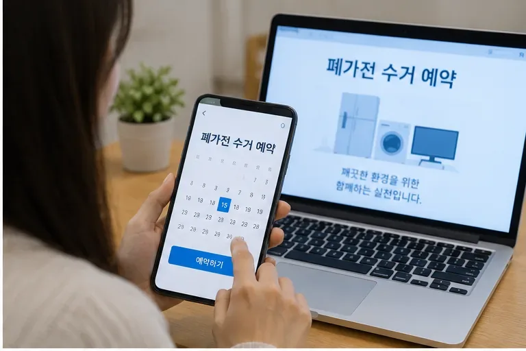 스마트폰에서 폐가전 수거 예약 날짜를 선택하는 모습