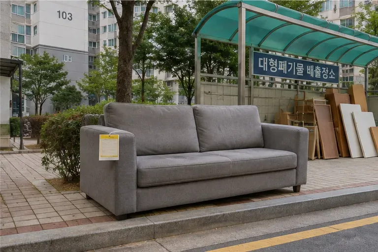 아파트 단지의 대형폐기물 배출장소 표지 아래에 신고표가 붙은 회색 소파가 놓여 있는 모습