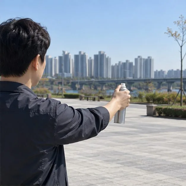 사람이 탁 트인 야외 공간에서 스프레이캔을 사람과 건물 반대쪽으로 향하게 들고 있음