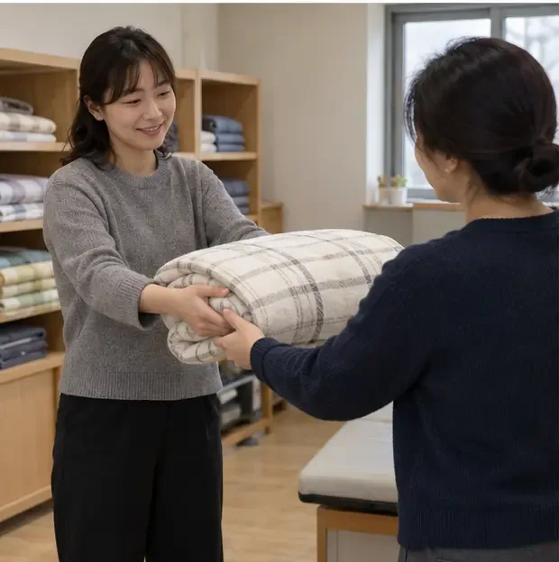 한 여성이 접은 담요를 다른 여성에게 건네며 뒤쪽 선반에 접힌 침구가 놓여 있다