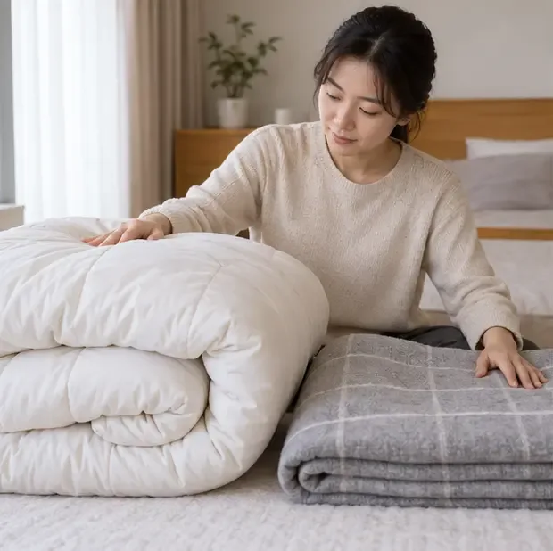 한 사람이 두꺼운 솜이불과 얇게 접은 담요를 나란히 살펴보며 종류를 구분하는 모습
