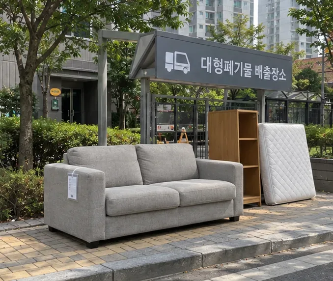 아파트 단지의 대형폐기물 배출장소에 소파와 가구가 정리되어 놓인 모습