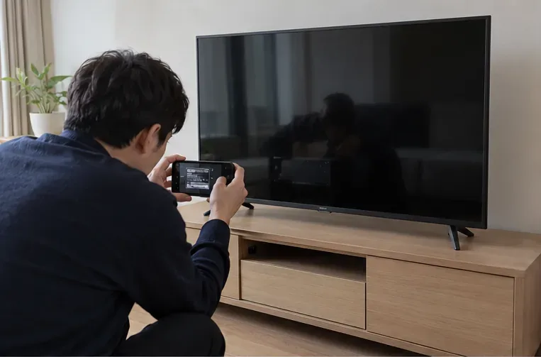 거실의 평면 TV 뒷면 모델 정보를 휴대전화로 촬영하는 사람