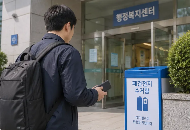 보조배터리를 들고 행정복지센터 형태의 공공시설 앞 폐건전지 수거함으로 이동하는 사람