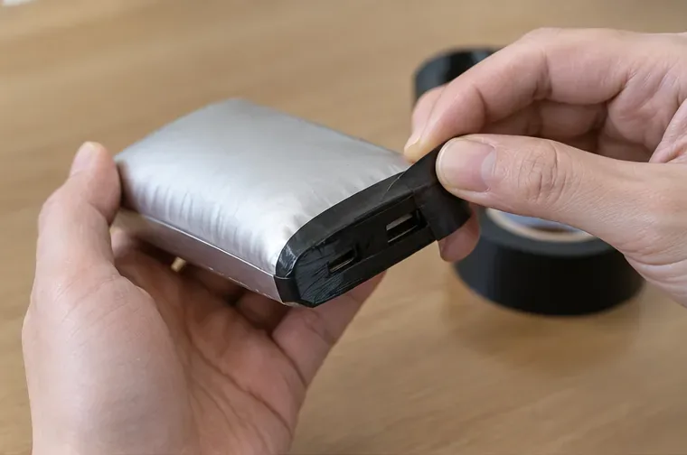 부푼 보조배터리의 USB 입출력 단자 부분에 검은 절연테이프를 가볍게 붙이는 손의 모습