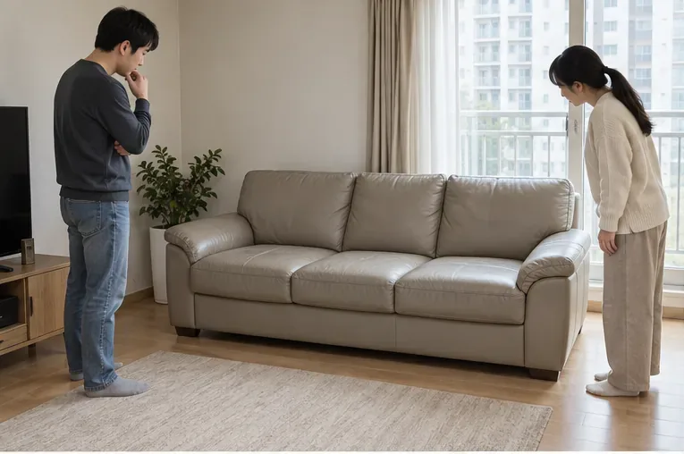 거실의 소파를 살펴보며 재사용할 수 있는지 판단하는 두 사람