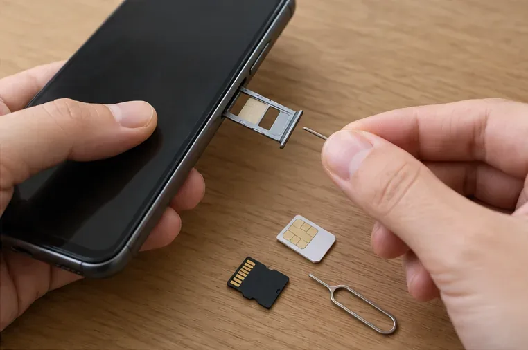 스마트폰에서 SIM 트레이를 꺼내고 SIM 카드와 microSD 카드를 분리하는 모습