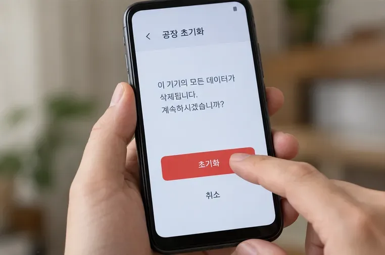 스마트폰 화면에서 공장 초기화를 진행하는 모습