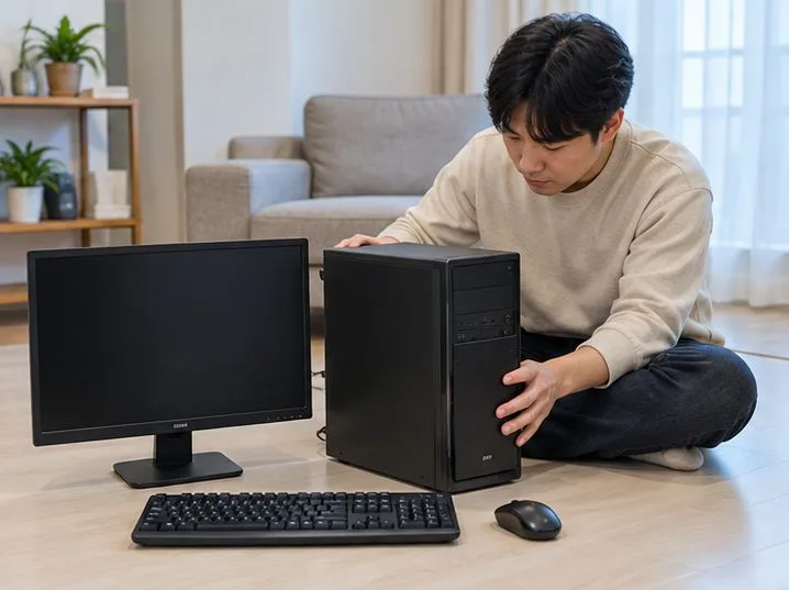 책상 위에 놓인 데스크톱 본체와 모니터, 키보드, 마우스를 한 사람이 살펴보는 모습
