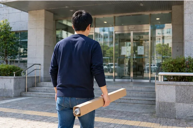 형광등을 보호 상자에 넣은 채 공공건물 입구 쪽으로 운반하는 사람의 뒷모습